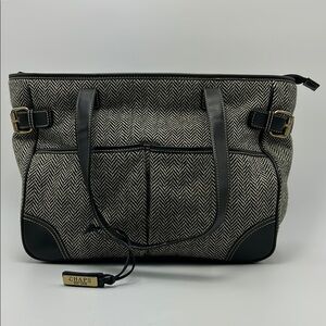 Chaps Canvas Tote Bag Herringbone Pattern Gray Black Faux Leather Trim